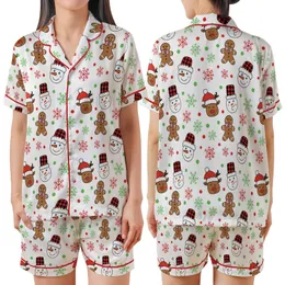 Christmas Pajamas: Hand-Drawn Gingerbread Snowman Reindeer Print - Red Green Holiday Sleep Set Satin Short-Sleeve Pajamas Set