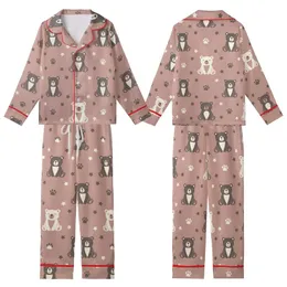 Cozy Bear Lover: Dusty Rose Taupe Whimsical Cartoon Bear Paw Print Comfort Wear Kid Satin Pajamas Set