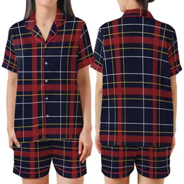 Classic Tartan Plaid: Deep Navy Crimson Red Gold Geometric Pattern - Heritage Style Motif Satin Short-Sleeve Pajamas Set