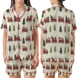 Family Christmas Train Pattern: Crimson Woodland Animals & Presents – Rustic Holiday Art Satin Short-Sleeve Pajamas Set