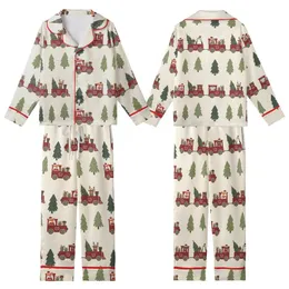 Family Christmas Train Pattern: Crimson Woodland Animals & Presents – Rustic Holiday Art Kid Satin Pajamas Set