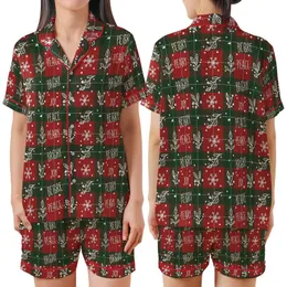 Festive Winter Charm: Seamless Red Green Plaid, Hand-Drawn Snowflakes, Berries & Joyful Text Pattern Satin Short-Sleeve Pajamas Set