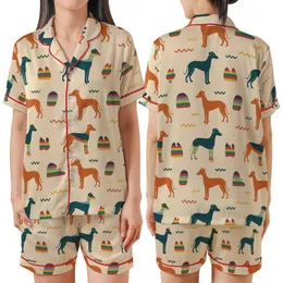 Italian Greyhound Lovers' Stylized Rainbow Striped Dog Seamless Pattern in Burnt Orange & Warm Beige Satin Short-Sleeve Pajamas Set