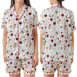 Holiday Wine Lovers Red & White Whimsical Christmas Wine Glass Pattern Adorned with Santa Hats, Holly, Candy Canes & Gifts Satin Short-Sleeve Pajamas Set