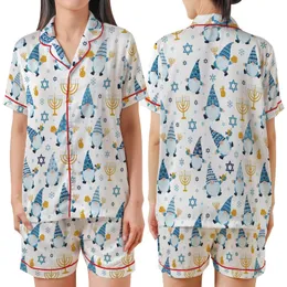 Hanukkah Celebrators' Whimsical Gnomes, Dreidels & Menorahs All-Over Print in Blue, Gold & White Satin Short-Sleeve Pajamas Set