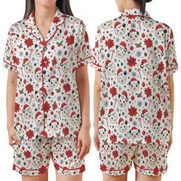 Holiday Animal Lovers' Whimsical Opossum Santa Hat Red & White Christmas Pattern with Poinsettias, Holly & Snowflakes Satin Short-Sleeve Pajamas Set