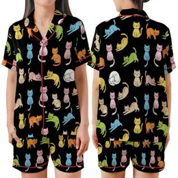 Cat Lovers' Playful Cartoon Cats Seamless Pattern with Multi-color Flat Art on Black Satin Short-Sleeve Pajamas Set