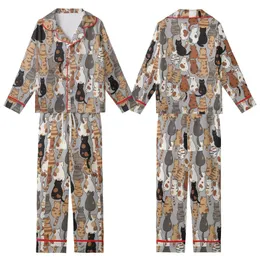 Cat Lovers' Whimsical Hand-Drawn Back View Cats Beige Tan Brown Black White Grey Scattered Pattern Kid Satin Pajamas Set