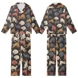 Cat Lovers' Whimsical Flat Art Cats Pattern in Muted Greys Cream Rose Terracotta on Dark Charcoal Kid Satin Pajamas Set