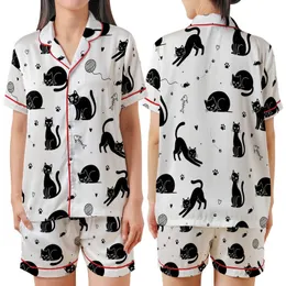 Cat Lovers' Whimsical Black and White Cartoon Cat All-Over Pattern with Playful Feline Poses and Simple Line Art Accents Satin Short-Sleeve Pajamas Set