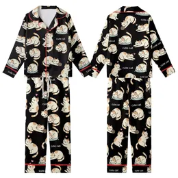 Cat Lovers' Seamless Black Kawaii Flat 2D Cartoon Cats Playful Sleepy Tan Brown White Pink Outline Pattern Kid Satin Pajamas Set