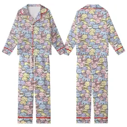 Kids' Sweet Pastel Pink Blue Yellow Lavender All-Over Cartoon Cats Bears Bunnies Pattern with Heart Glasses Bows Kid Satin Pajamas Set