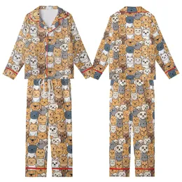 Pet Lovers' Whimsical White Orange Tan Brown Slate Blue Cartoon Cat Dog Seamless Pattern Kid Satin Pajamas Set