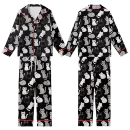 Cat Lovers' Cute Stylized Black White Grey Pastel Pink All-Over Cartoon Cat Pattern Kid Satin Pajamas Set