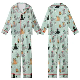 Festive Cat Lovers' Whimsical Mint Green Christmas Cats Pattern with Red Santa Hats & Holly Kid Satin Pajamas Set