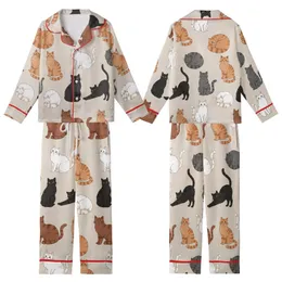Cat Lovers' Whimsical Hand-Drawn Feline Poses Seamless Pattern Muted Beige Natural Tones Kid Satin Pajamas Set
