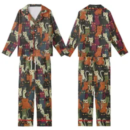 Cat Lovers' Whimsical Hand-Drawn Folk Art Charcoal Black Rust Sage Cream Feline Pattern Kid Satin Pajamas Set