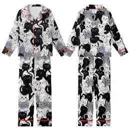 Feline Enthusiasts' Interlocking Black White Gray Cartoon Cat Faces Paws Tails Pattern Pink Accents Kid Satin Pajamas Set