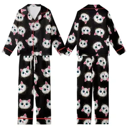 Cat Lovers' Illustrative Grunge Curious Cat Faces Blue Eyed Scattered Pattern Colorful Paint Splatters Black Kid Satin Pajamas Set