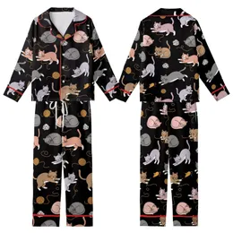 Cat Lovers' Whimsical Black Playful Hand-Drawn Cartoon Cats Seamless Pattern with Muted Greys Pink Lavender & Orange Accents Kid Satin Pajamas Set