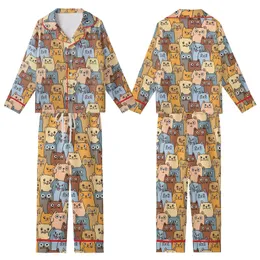 Pet Lovers' Whimsical Hand-Drawn Cartoon Cats & Dogs All-Over Pattern with Golden Orange, Pastel Blue & Earth Tones Kid Satin Pajamas Set