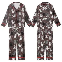 Cat Lovers' Playful Cartoon Cat All-Over Pattern with White, Grey, Black, Pink on Chocolate Brown Kid Satin Pajamas Set