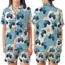 Youthful Blue Monster Truck Action Print: Yellow Flames, Mud Splatters & Star Design Satin Short-Sleeve Pajamas Set