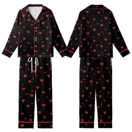 Women's Solid Black Minimalist Muted & Cherry Red Scattered Hearts Long Sleeve Cotton-Blend Sleep Set Kid Satin Pajamas Set