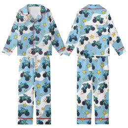Youthful Blue Monster Truck Action Print: Yellow Flames, Mud Splatters & Star Design Kid Satin Pajamas Set