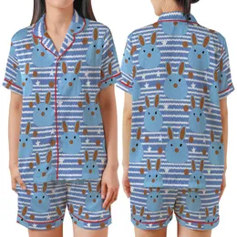 Cozy Bunny Dreams: Whimsical Crocheted Bunny & Knit Texture Blue Pattern Pajamas Satin Short-Sleeve Pajamas Set