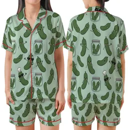 Pickle Lover's Whimsy: Hand-Drawn Smiling Chef Pickles & Jars Seamless Design Satin Short-Sleeve Pajamas Set