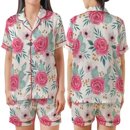 Women's Bridesmaid Rayon Pajamas: Watercolor Fuchsia Rose & Teal Cactus Floral Satin Short-Sleeve Pajamas Set