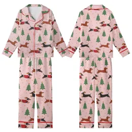 Family Dachshund Christmas Pajamas: Playful Dog & Star Pastel Pink Print - Soft Knit Sleep Set Kid Satin Pajamas Set