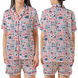 Women's Red White Blue Vintage Americana Liberty Collage Polyester Spandex Sleepwear Satin Short-Sleeve Pajamas Set
