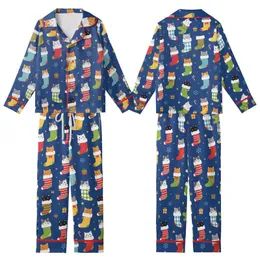 Cat Lover's Royal Blue Christmas: Playful Cartoon Cats in Festive Stockings All-Over Pattern Kid Satin Pajamas Set
