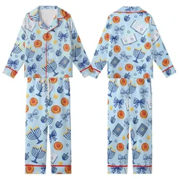 Festive Hanukkah Blue & Gold Menorah Dreidel Sufganiyot Watercolor Design Kid Satin Pajamas Set