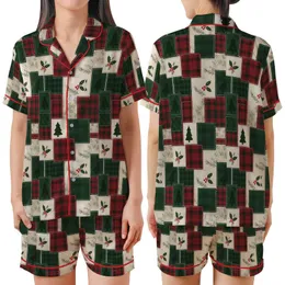 Family Retro Christmas Loungewear: Quilted Tartan Plaid Patchwork, Holly Tree & Snowflake Design Satin Short-Sleeve Pajamas Set