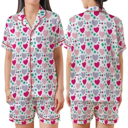 Playful Hearts Pattern: Fuchsia Pink Purple Stylized Dot Art - Whimsical White Background Print Satin Short-Sleeve Pajamas Set