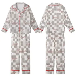 Women's Personalized Sleep Set: Taupe Gingham 'Love Joy Celebrate' Script Lounge Wear Kid Satin Pajamas Set