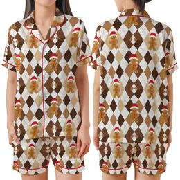 Gingerbread Family Holiday: Brown Argyle Candy Cane Pattern - Soft Long Sleeve Sleep Set Satin Short-Sleeve Pajamas Set