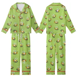 Women's Luxury Faux Silk Pajama Set: Whimsical Bee Print & Chartreuse Green Loungewear Kid Satin Pajamas Set