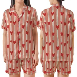 Bridesmaid Muted Salmon Pink Hand Block Print Rustic Stripe Heart Cotton Pajama Set Satin Short-Sleeve Pajamas Set