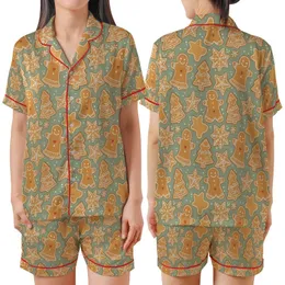 Gingerbread Christmas Pajamas: Sage Green Iced Cookie Pattern - Cozy Holiday Sleep Set Satin Short-Sleeve Pajamas Set