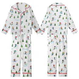 Winter Sports Enthusiast Playful Cartoon Ski & Snowboard Action Scene with Vibrant Yellow Red Blue Figures & Green Trees Kid Satin Pajamas Set