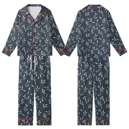 Juliette Women's French Linen Pajamas: Charcoal Blue Organic Leaf Sleep Set Kid Satin Pajamas Set