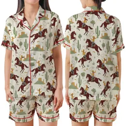 Vintage Art Lovers' Hand-Drawn Western Cowboy Cowgirl Galloping Desert Scene Cream Off-White Satin Short-Sleeve Pajamas Set