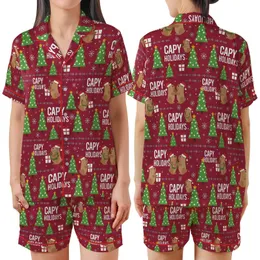Capybara Christmas Pajamas: Santa Hat Animal & "CAPY HOLIDAYS" Festive Polyester Spandex Sleep Set Satin Short-Sleeve Pajamas Set