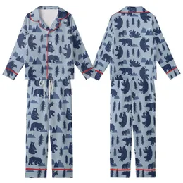Wilderness Explorer's Stylized Navy Bear & Pine Pattern - Dusty Blue Wearable Art Kid Satin Pajamas Set