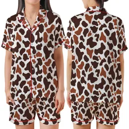 Vizsla & Large Dog Fleece Pajamas: Handmade Organic Chocolate Cow Print Sleepwear Satin Short-Sleeve Pajamas Set