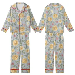 Elegant Floral Pattern: Watercolor Roses, Soft Yellow Pink Blooms, Sage Green Leaves, Dusty Blue Kid Satin Pajamas Set
